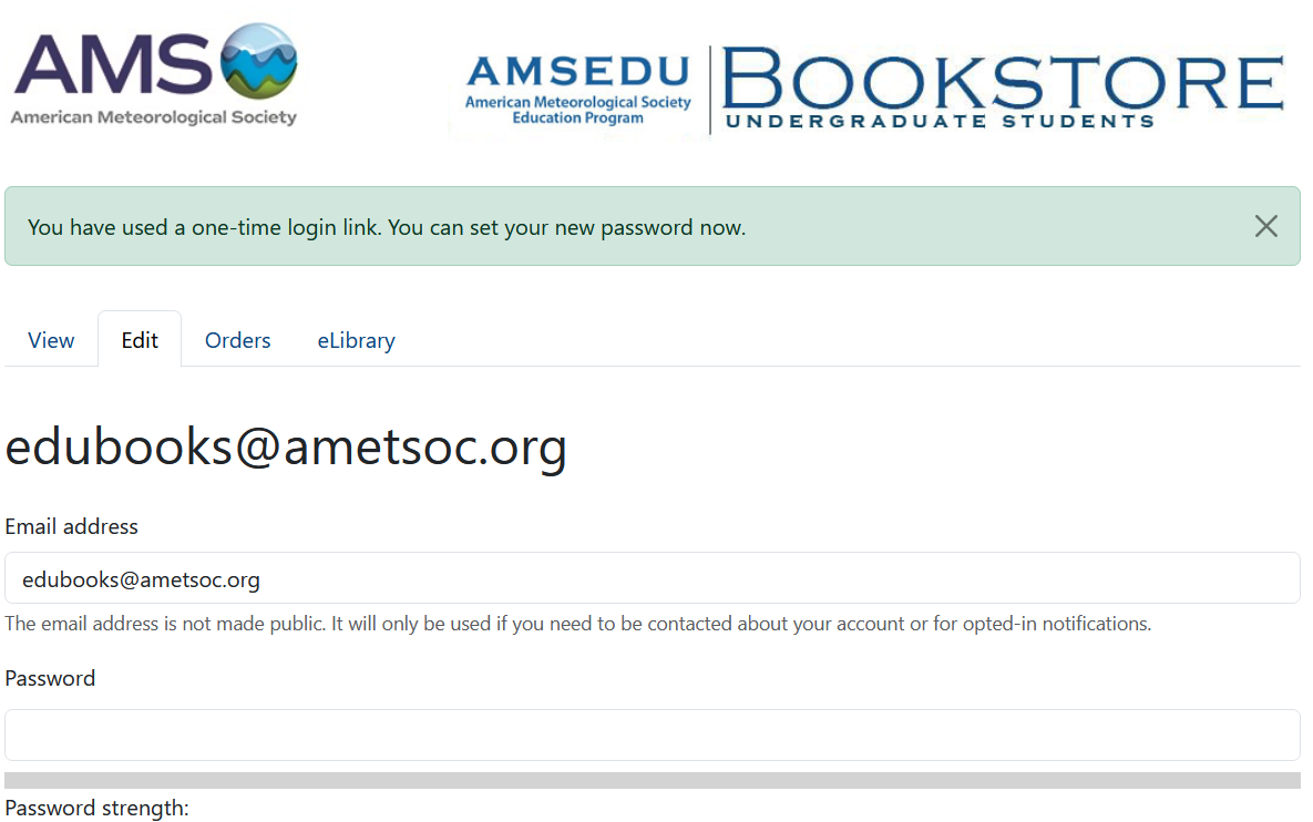 Account page with fields to make and confirm the new password